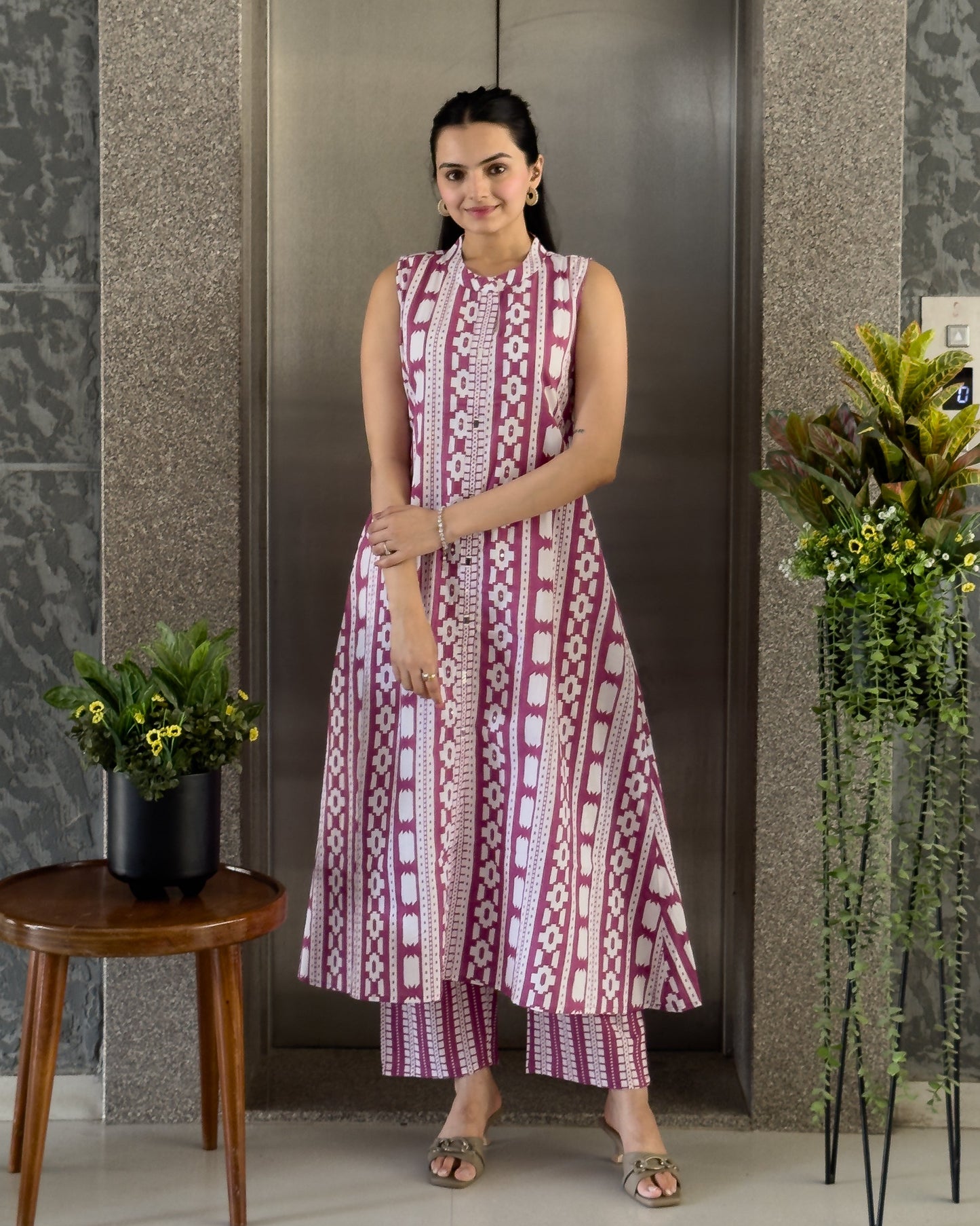 Pink A-Line Round Kurta Pant Set For Women
