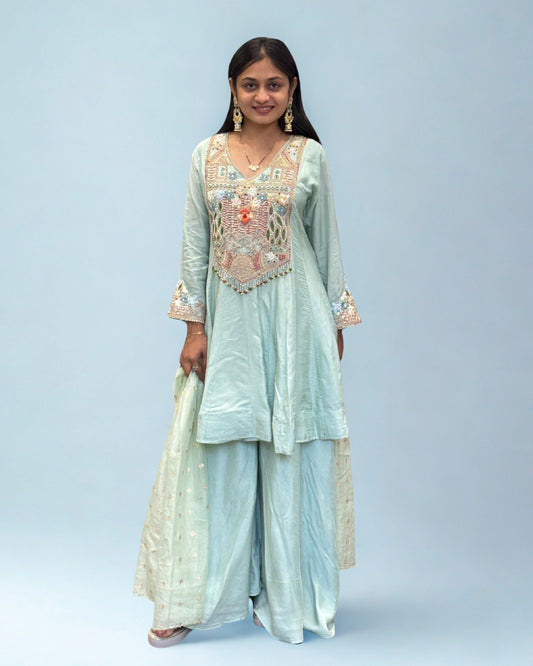 Light Pista Short Round Top Palazzo Set with Dupatta