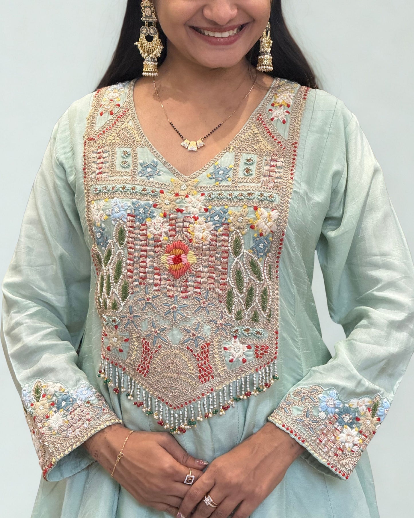 Light Pista Short Round Top Palazzo Set with Dupatta