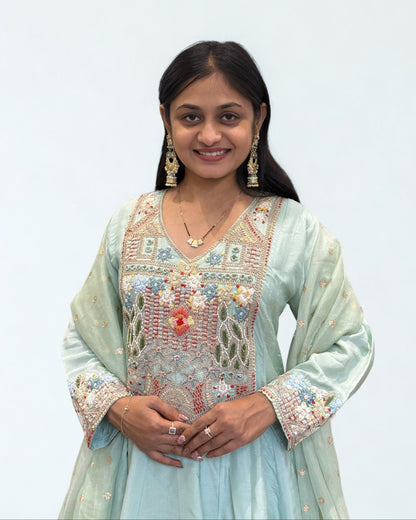 Light Pista Short Round Top Palazzo Set with Dupatta