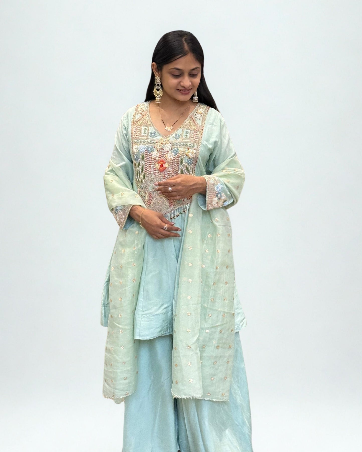 Light Pista Short Round Top Palazzo Set with Dupatta