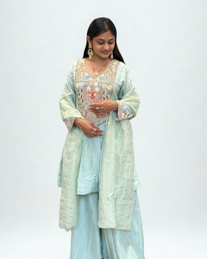 Light Pista Short Round Top Palazzo Set with Dupatta