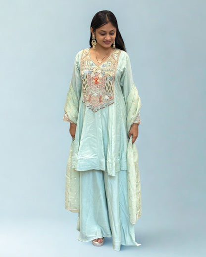 Light Pista Short Round Top Palazzo Set with Dupatta
