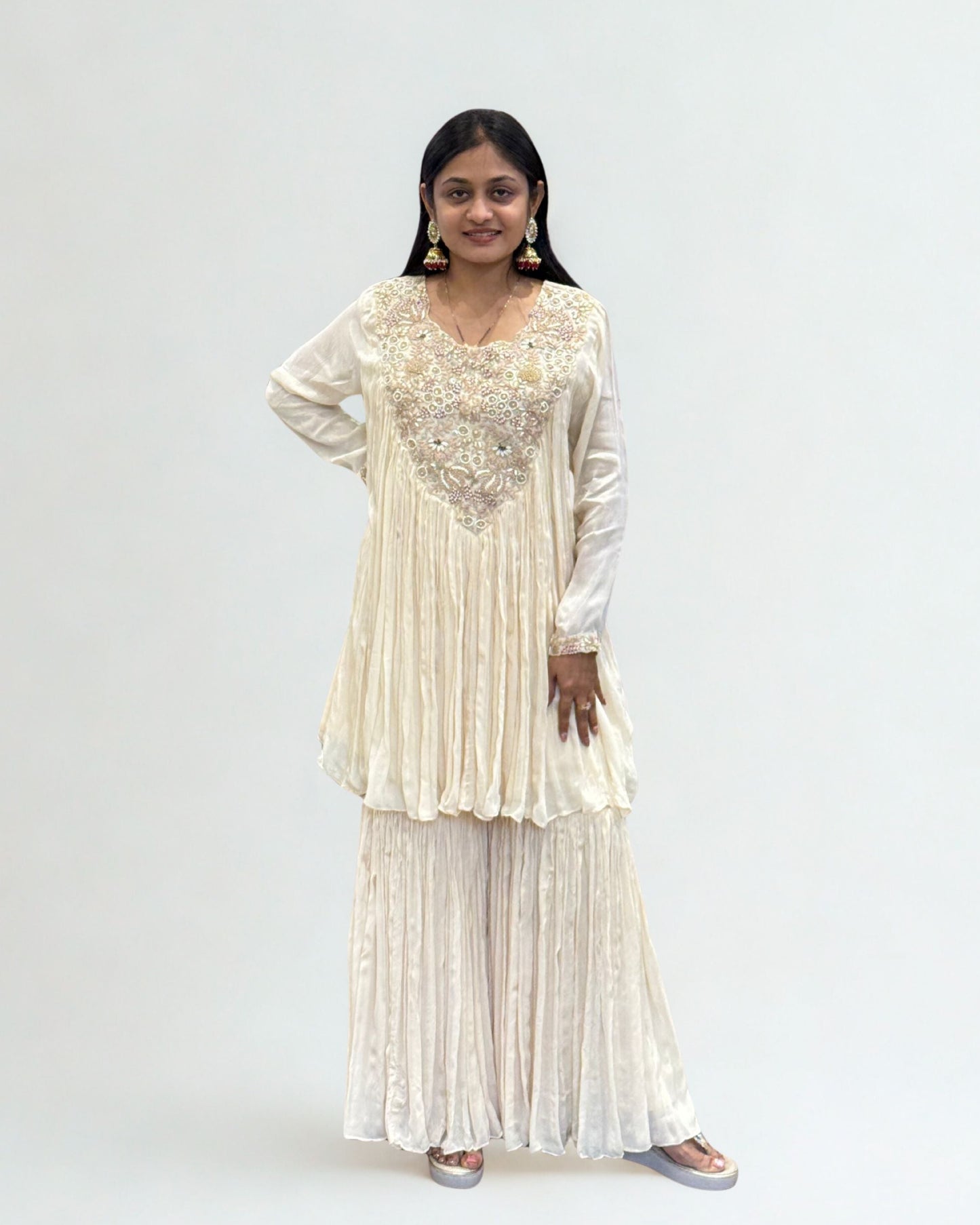 Off White Short Round Top Palazzo Set