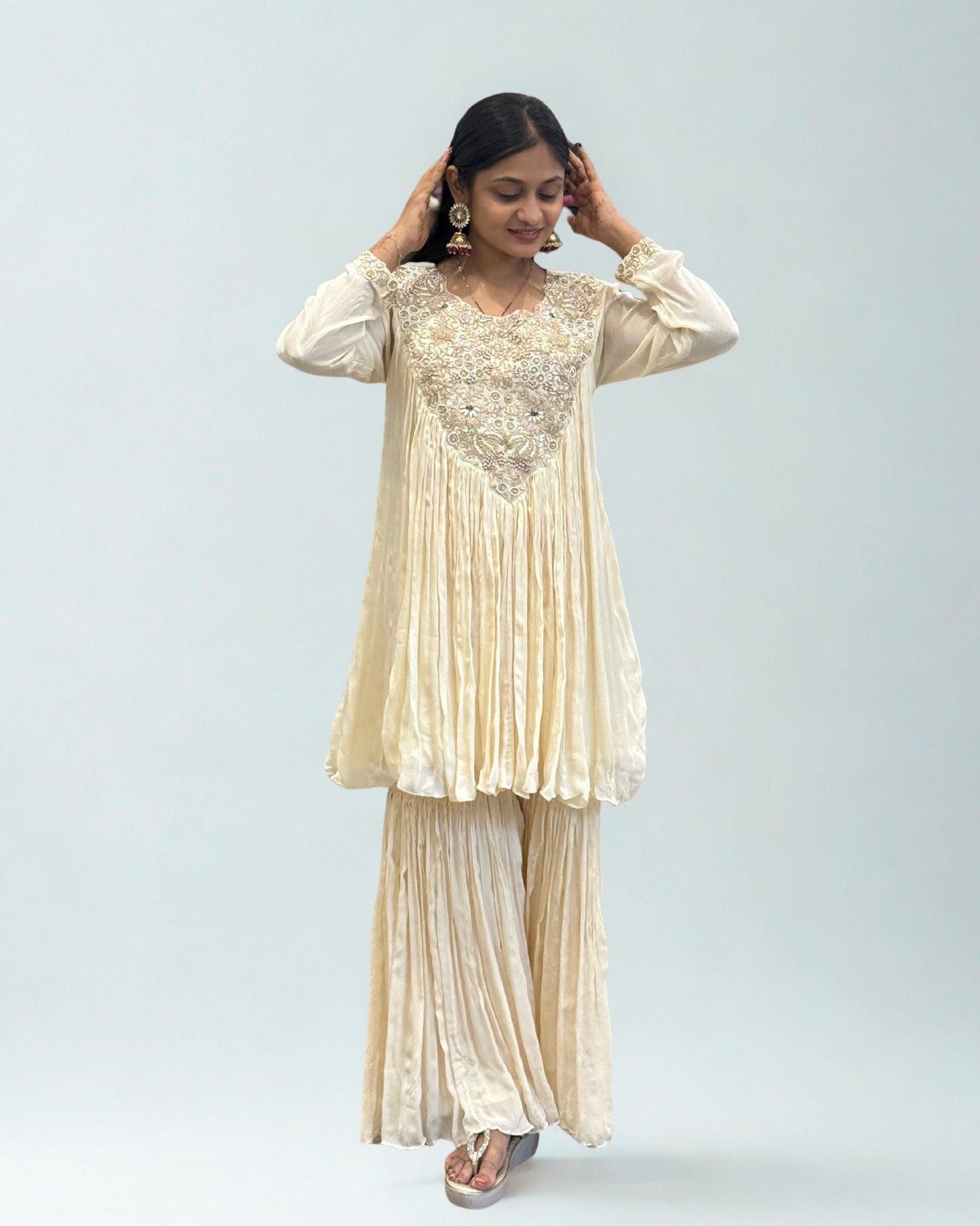 Off White Short Round Top Palazzo Set