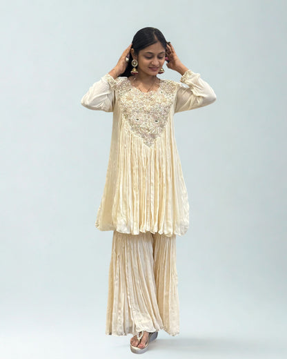 Off White Short Round Top Palazzo Set