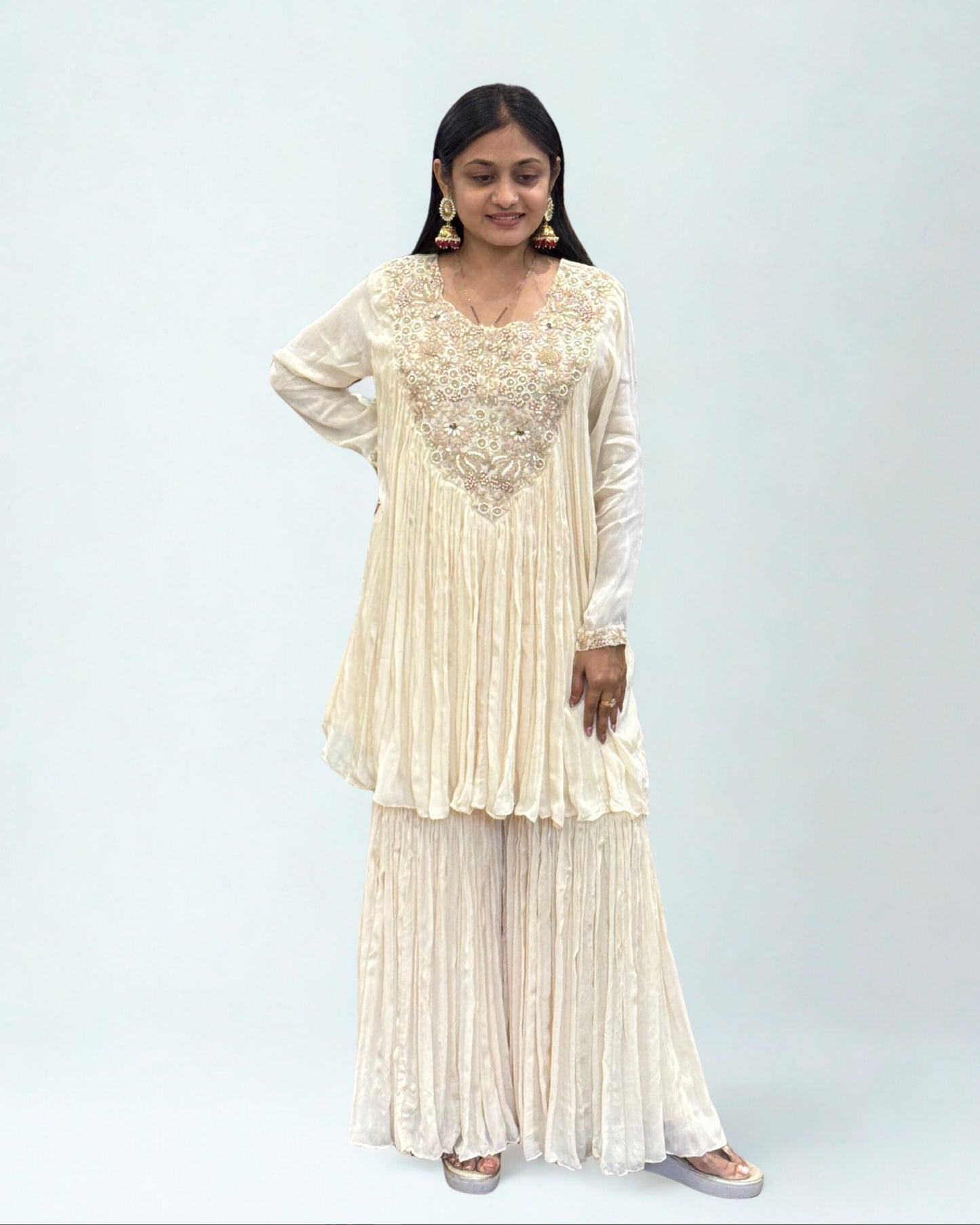 Off White Short Round Top Palazzo Set