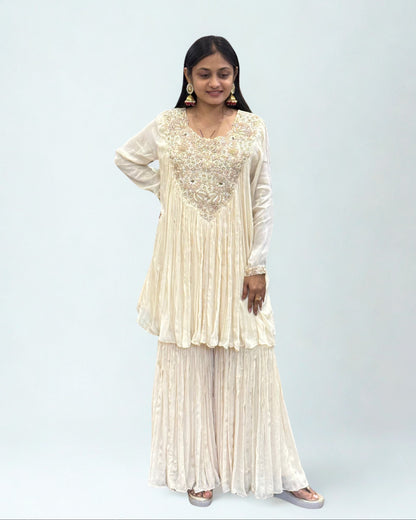 Off White Short Round Top Palazzo Set