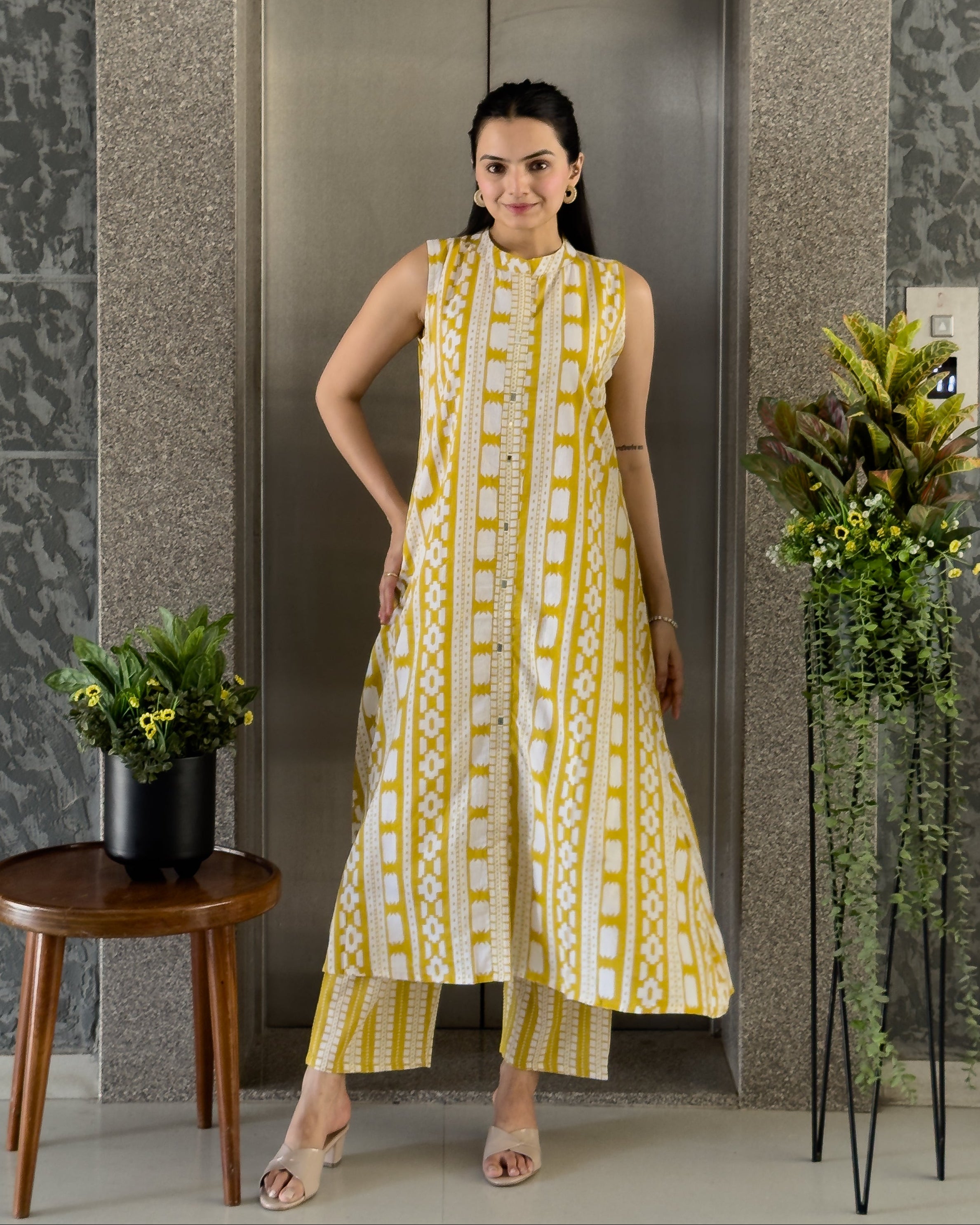 Yellow A-Line Round Kurta Pant Set For Women
