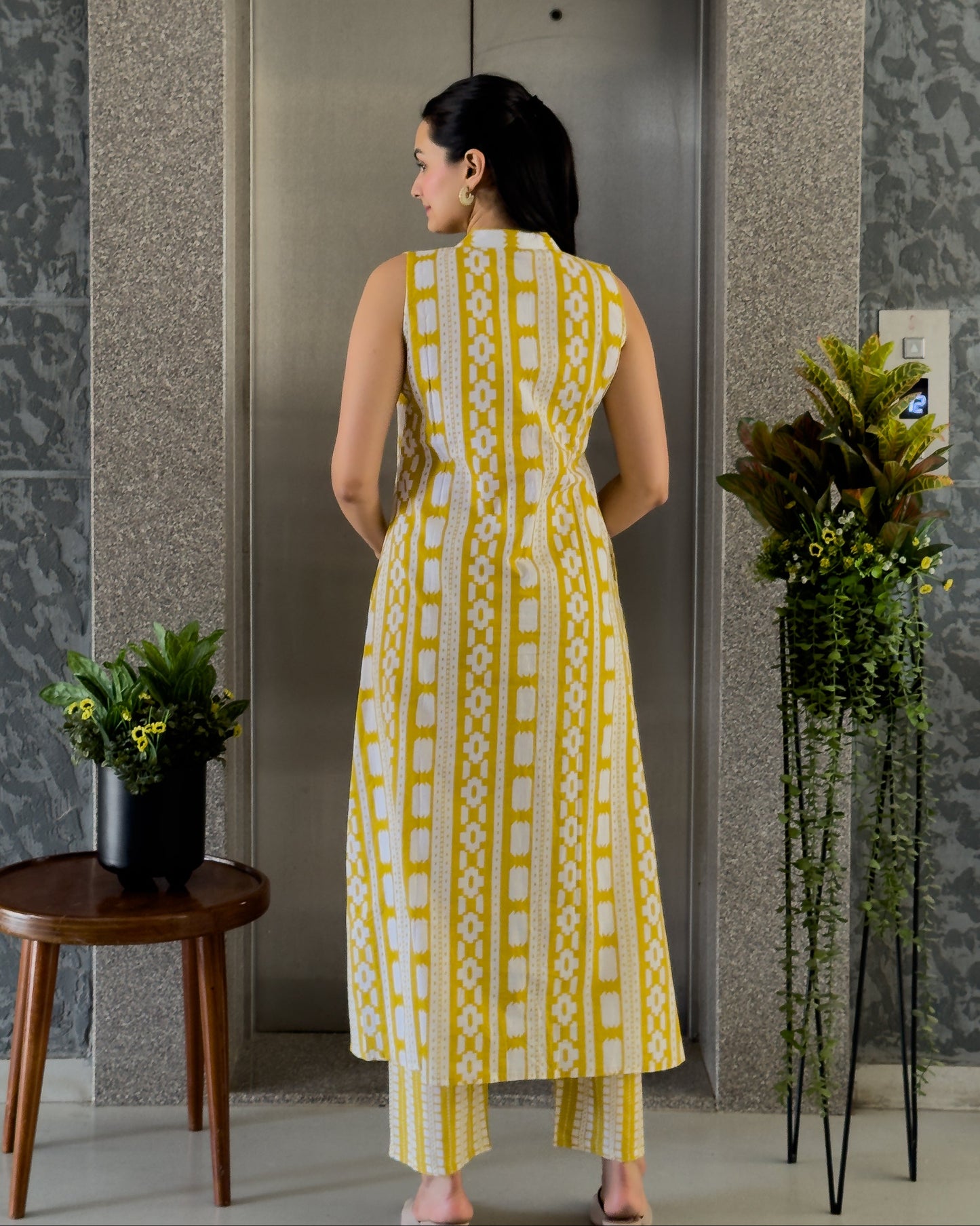 Yellow A-Line Round Kurta Pant Set For Women