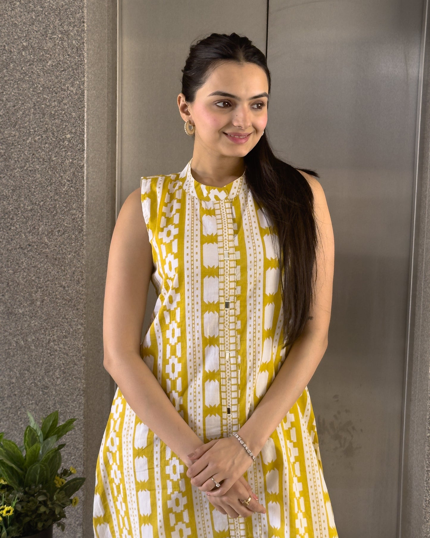 Yellow A-Line Round Kurta Pant Set For Women