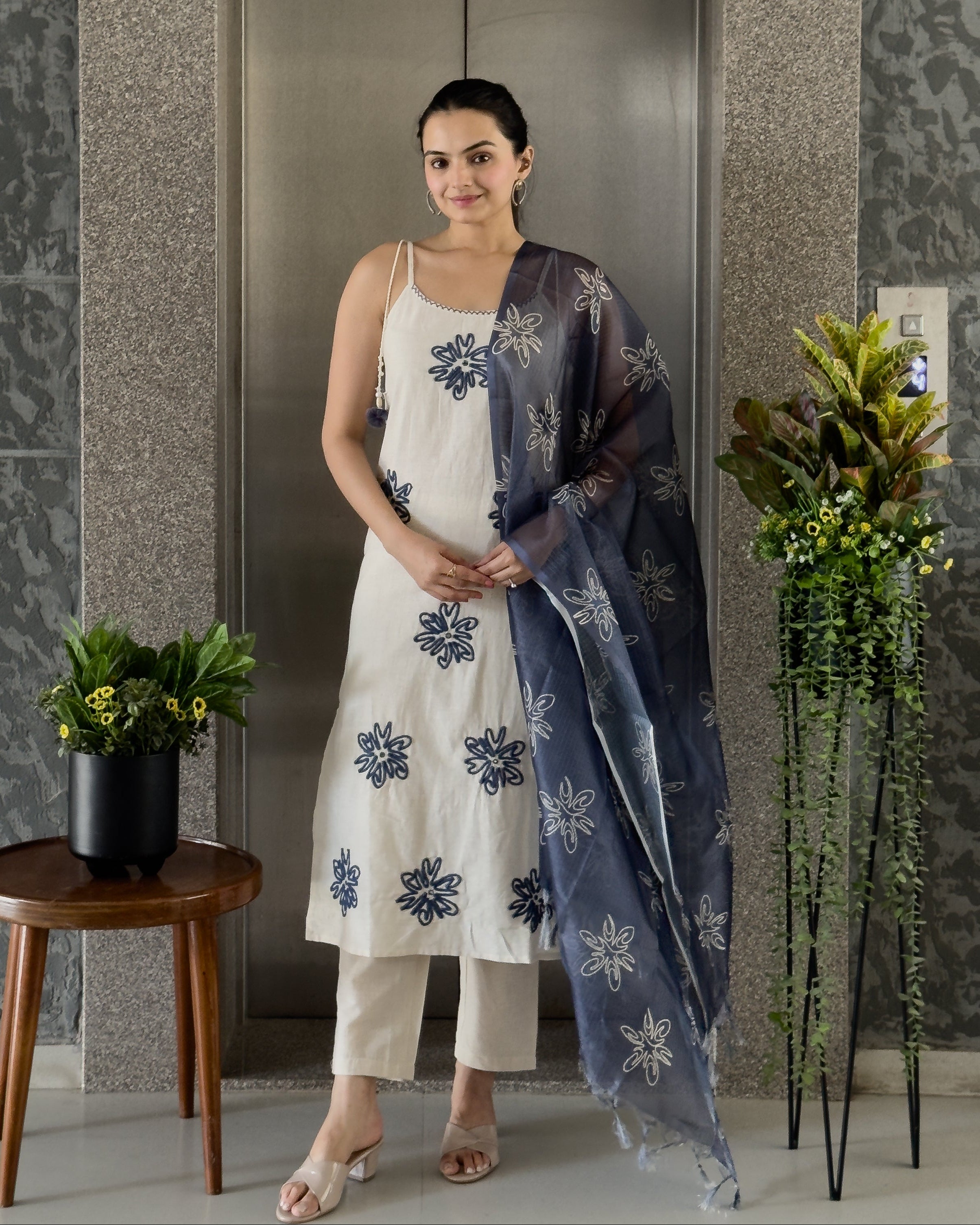 Off White and Blue Spaghetti Kurta Pant Set for Girls