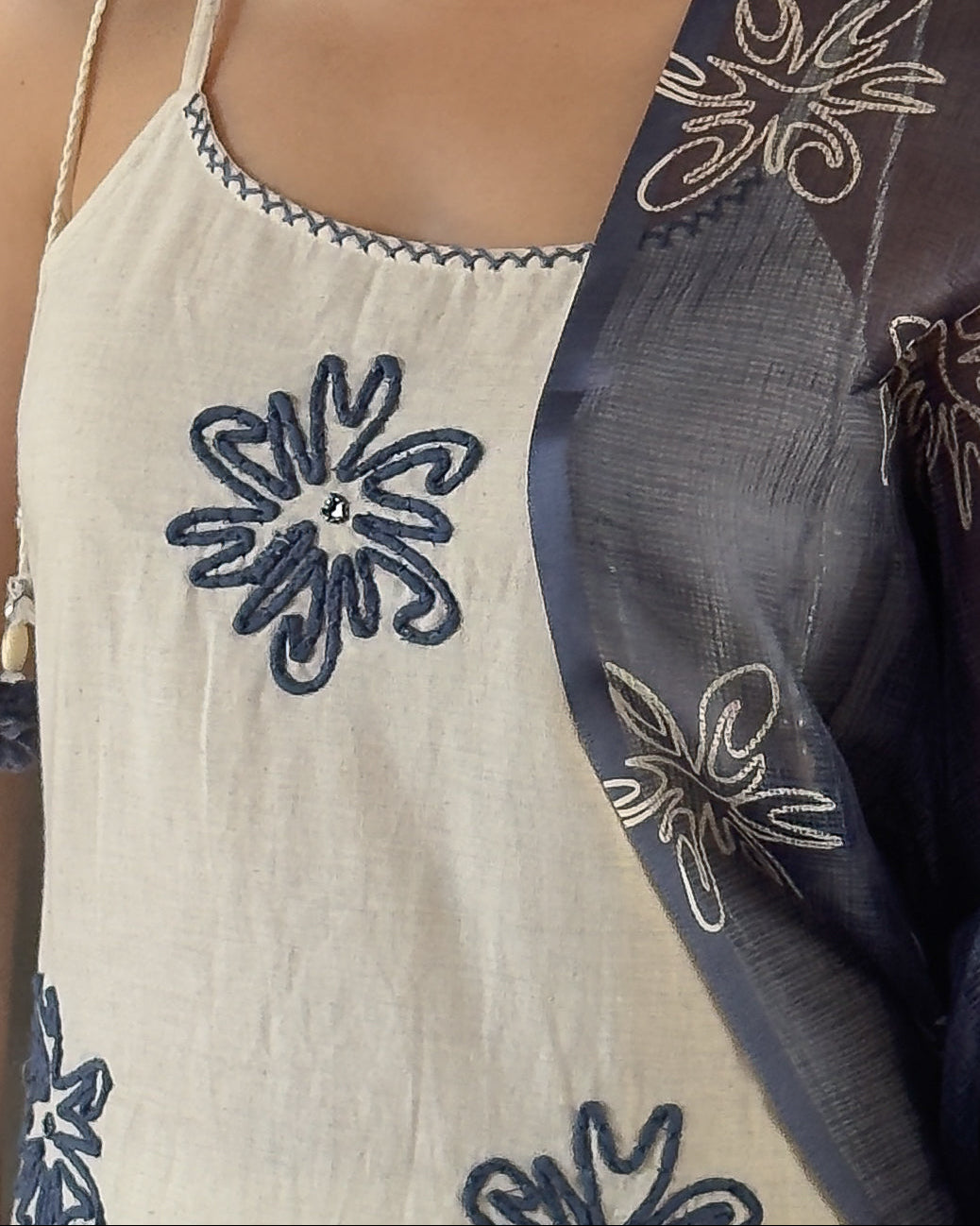 Off White and Blue Spaghetti Kurta Pant Set for Girls