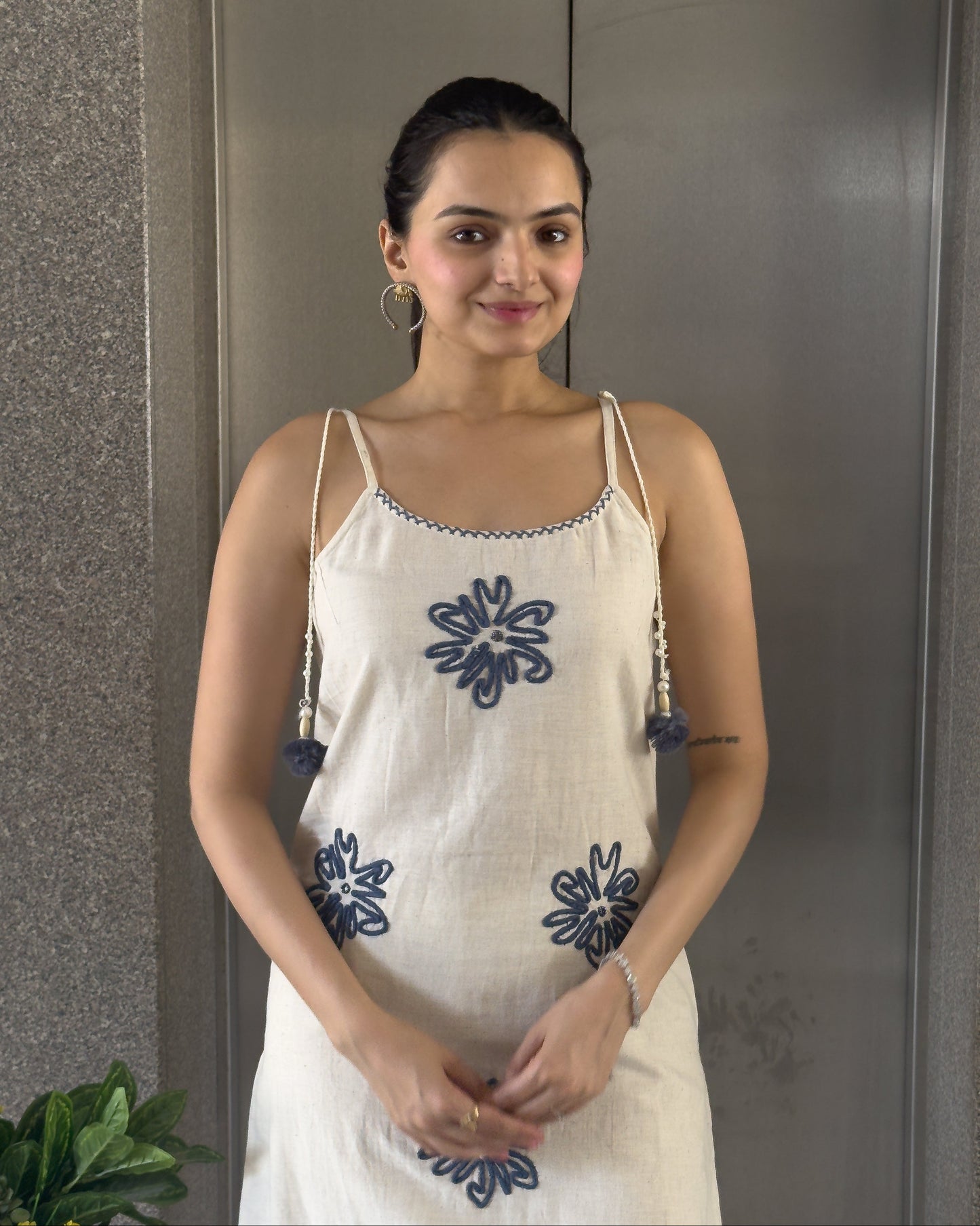 Off White and Blue Spaghetti Kurta Pant Set for Girls