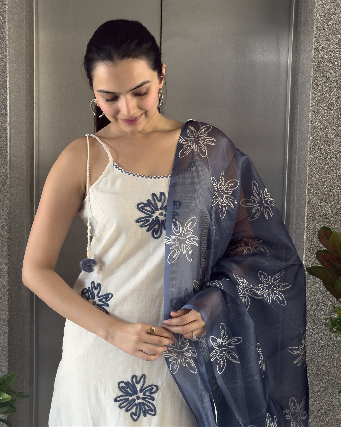 Off White and Blue Spaghetti Kurta Pant Set for Girls