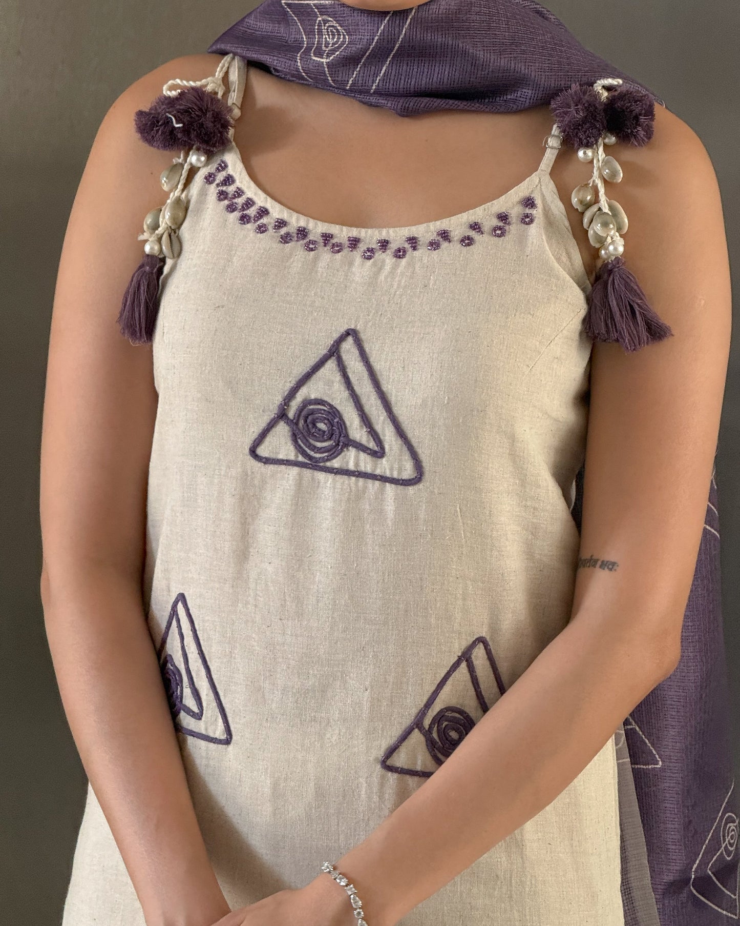 Off White and Purple Spaghetti Kurta Pant Set for Girls