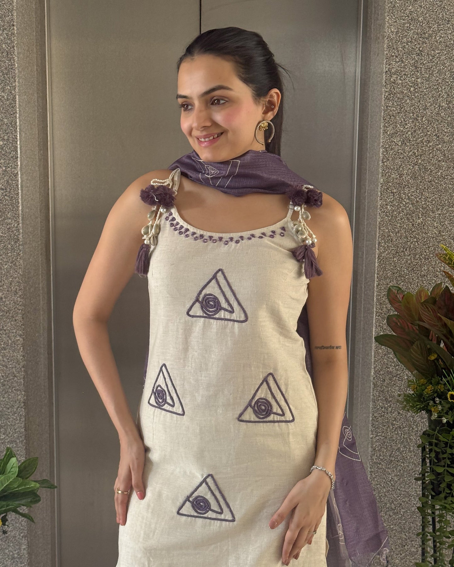Off White and Purple Spaghetti Kurta Pant Set for Girls