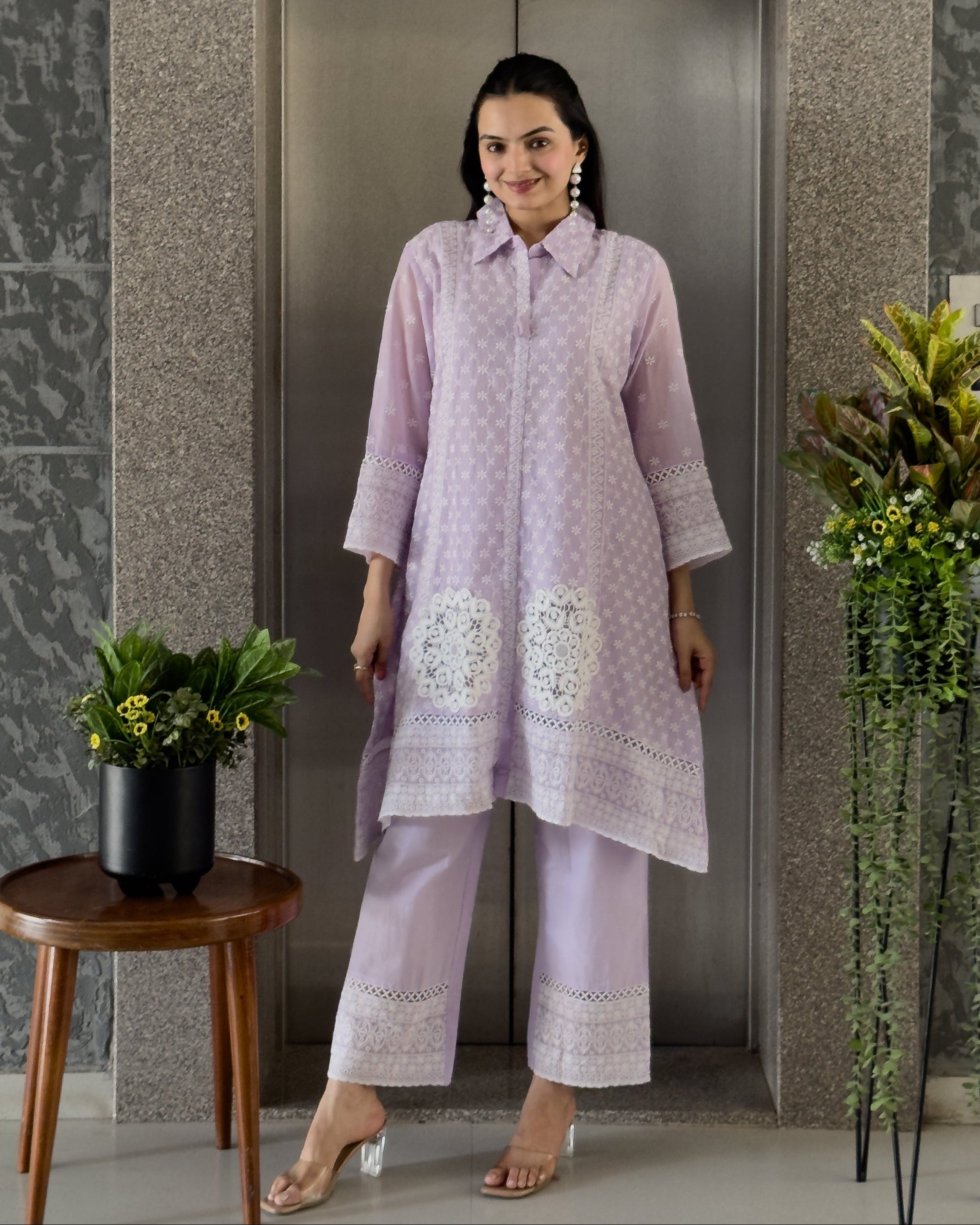 Light Lavendar A-Line Straight Kurta Pant Set For Women