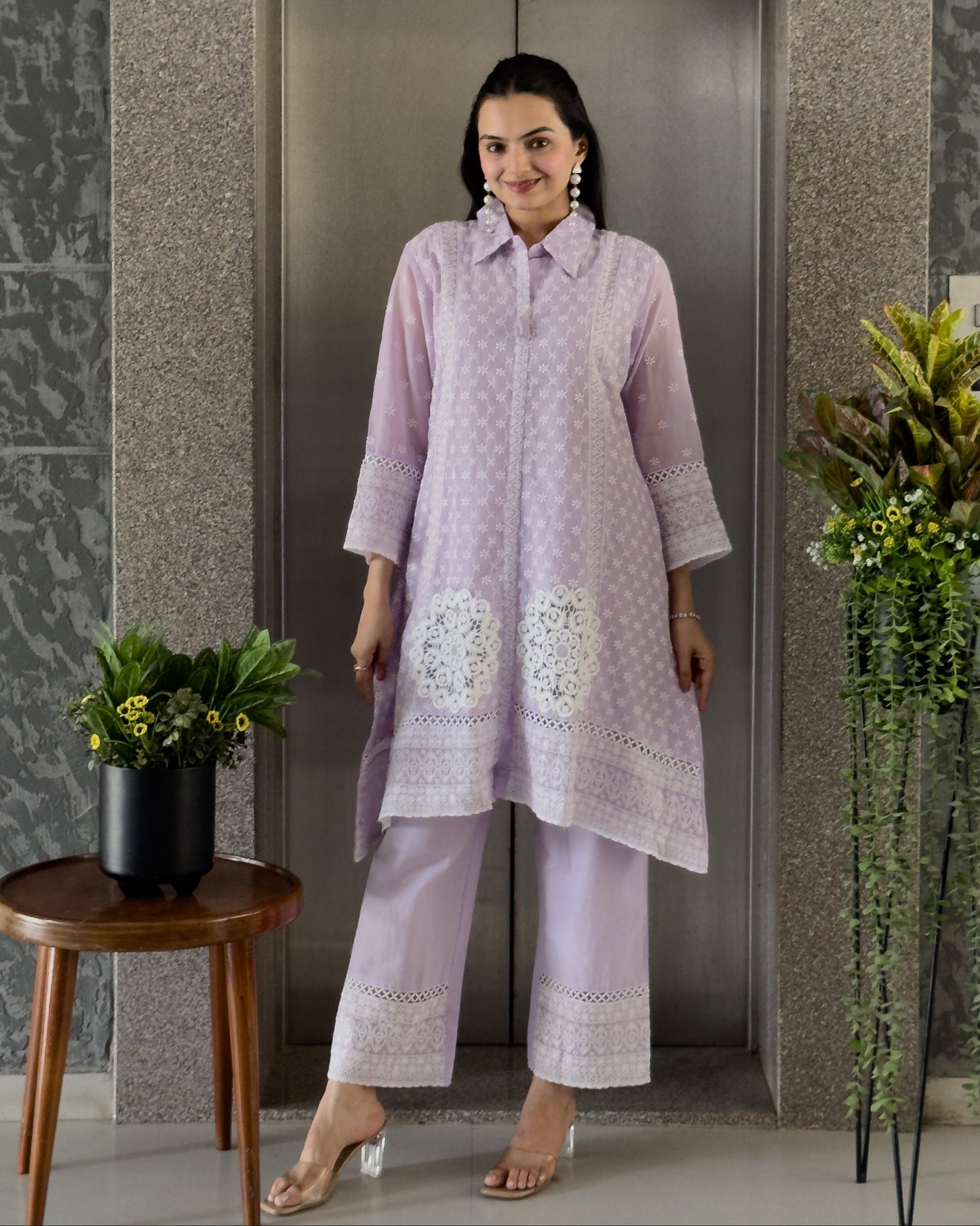 Light Lavendar A-Line Straight Kurta Pant Set For Women