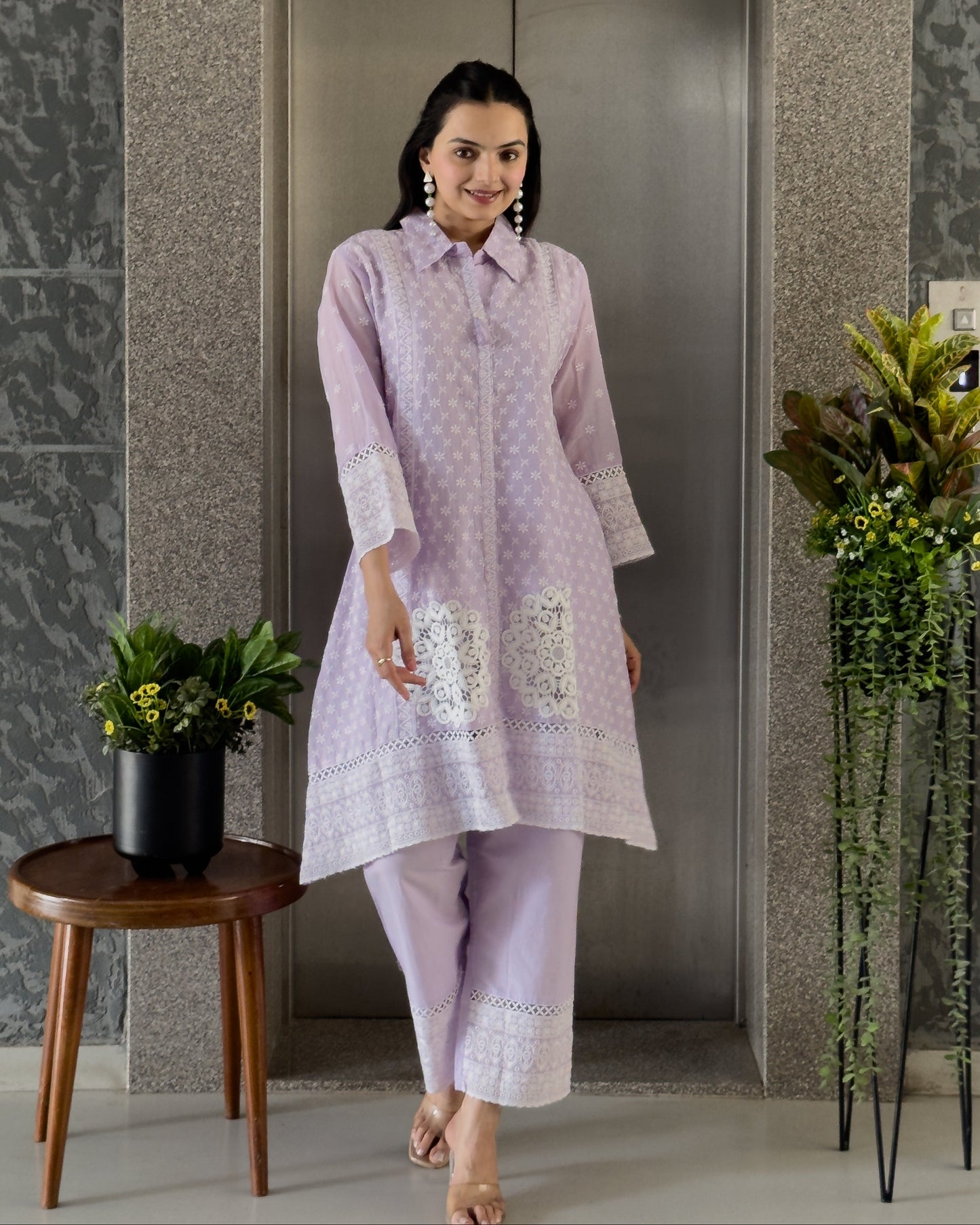 Light Lavendar A-Line Straight Kurta Pant Set For Women