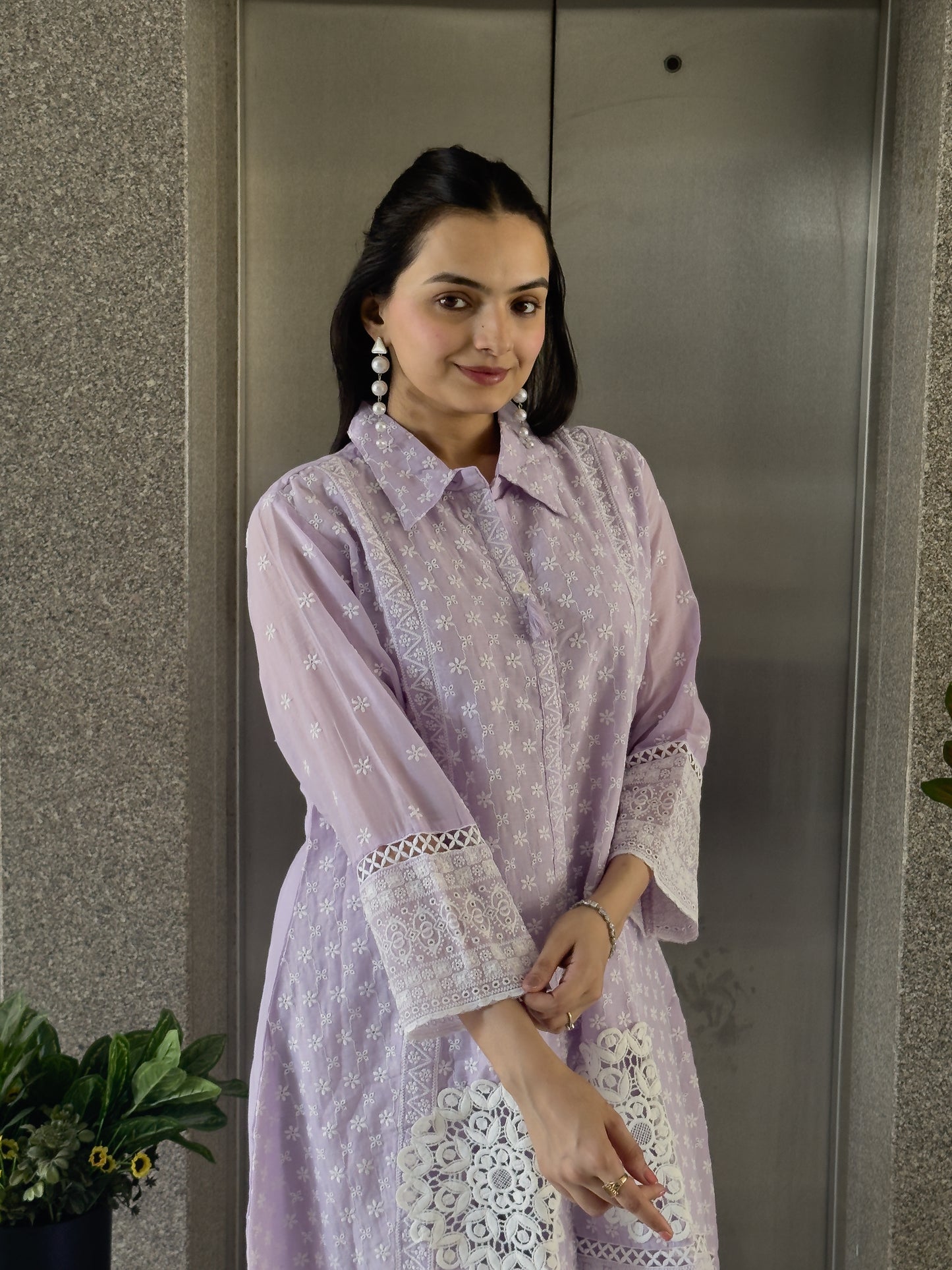 Light Lavendar A-Line Straight Kurta Pant Set For Women