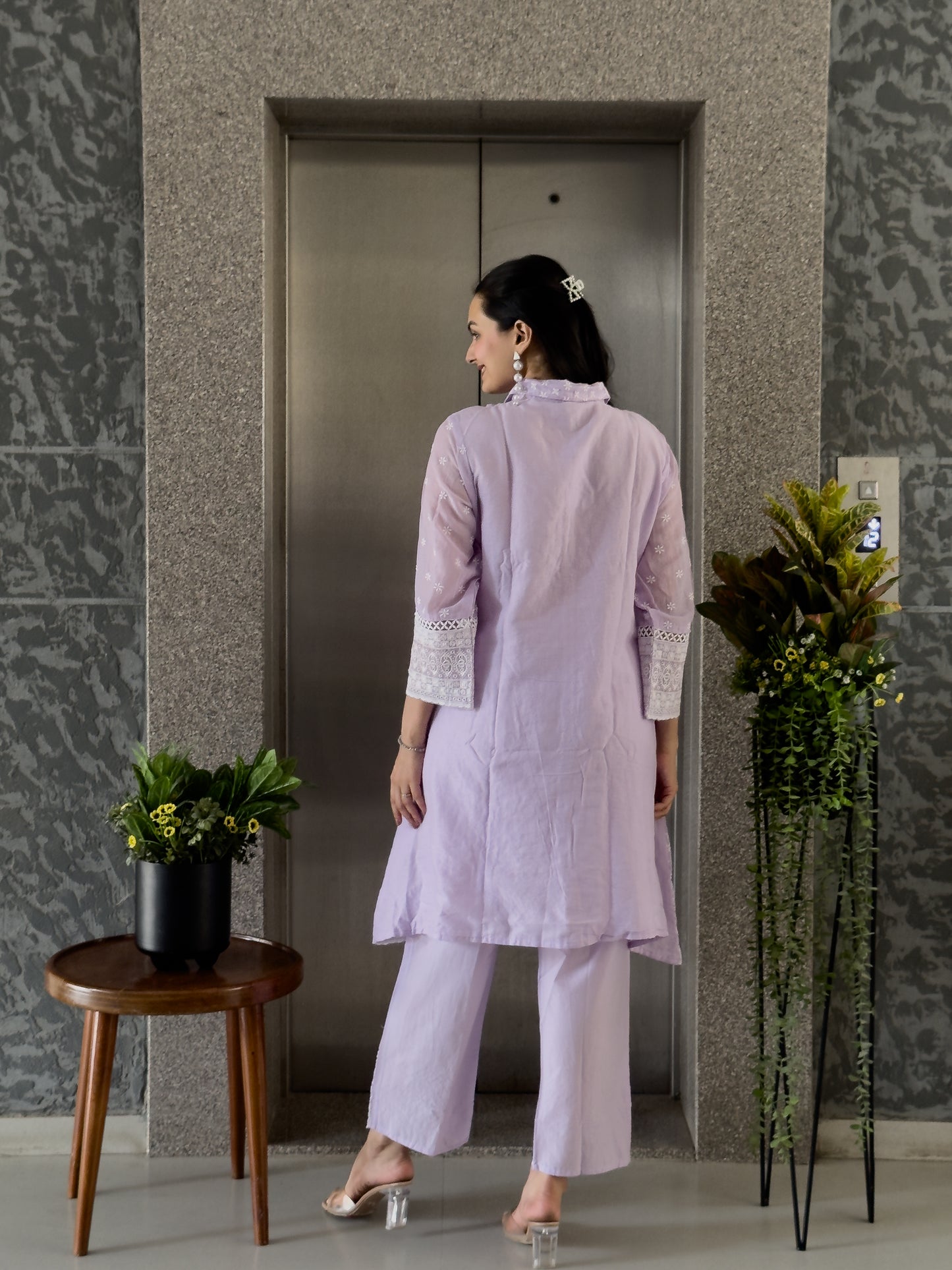 Light Lavendar A-Line Straight Kurta Pant Set For Women