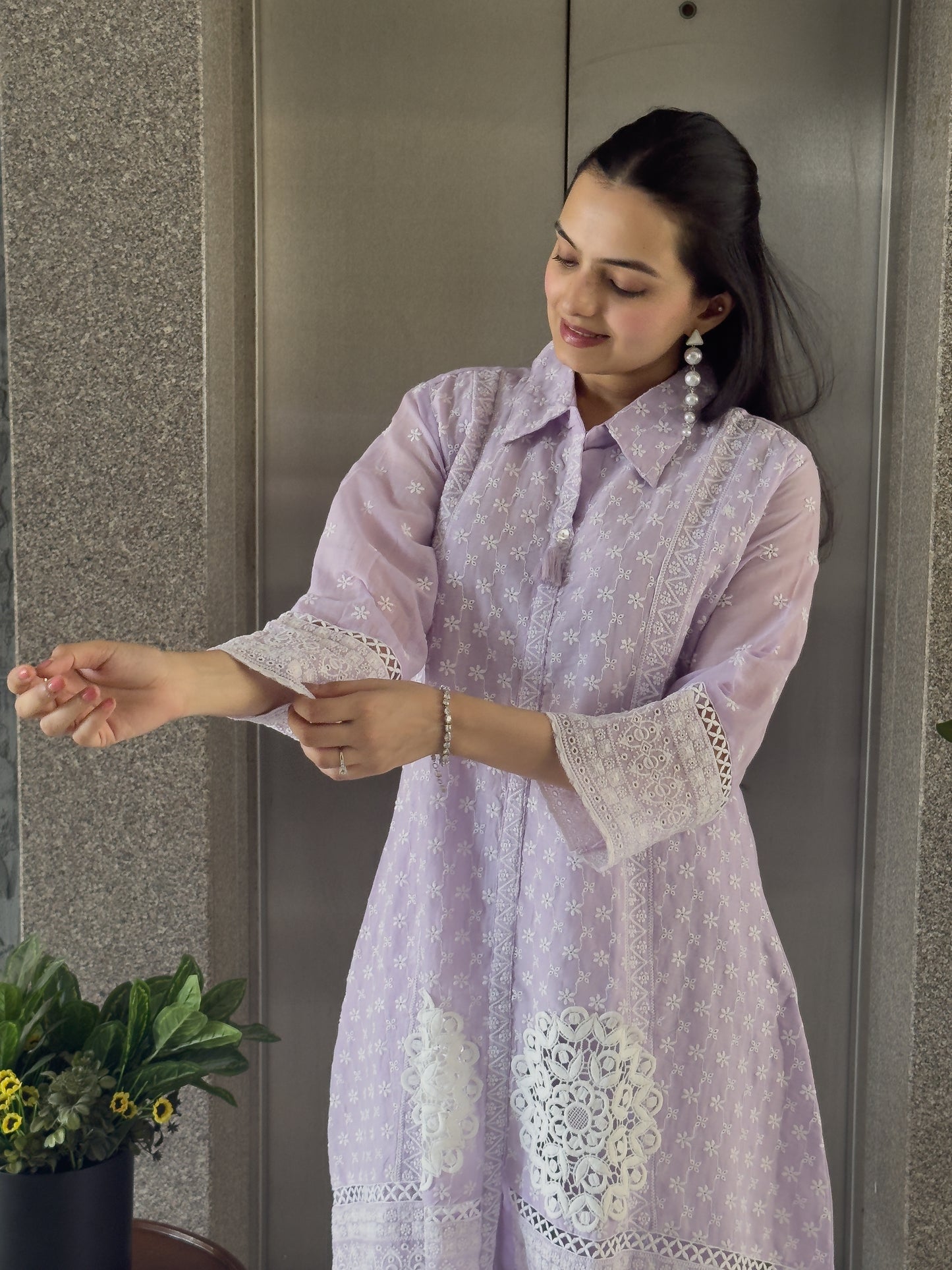 Light Lavendar A-Line Straight Kurta Pant Set For Women
