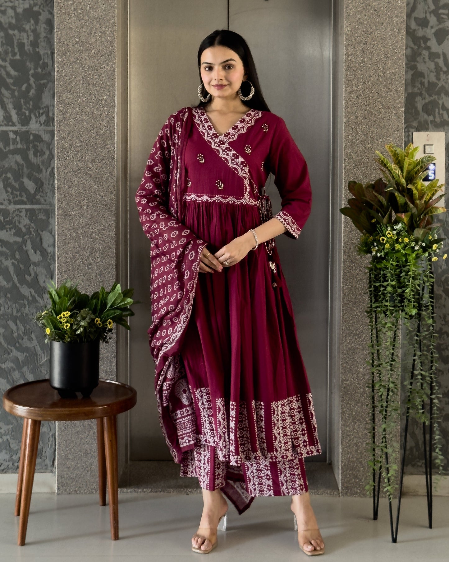 Wine Round Kurta Palazzo Set With Dupatta