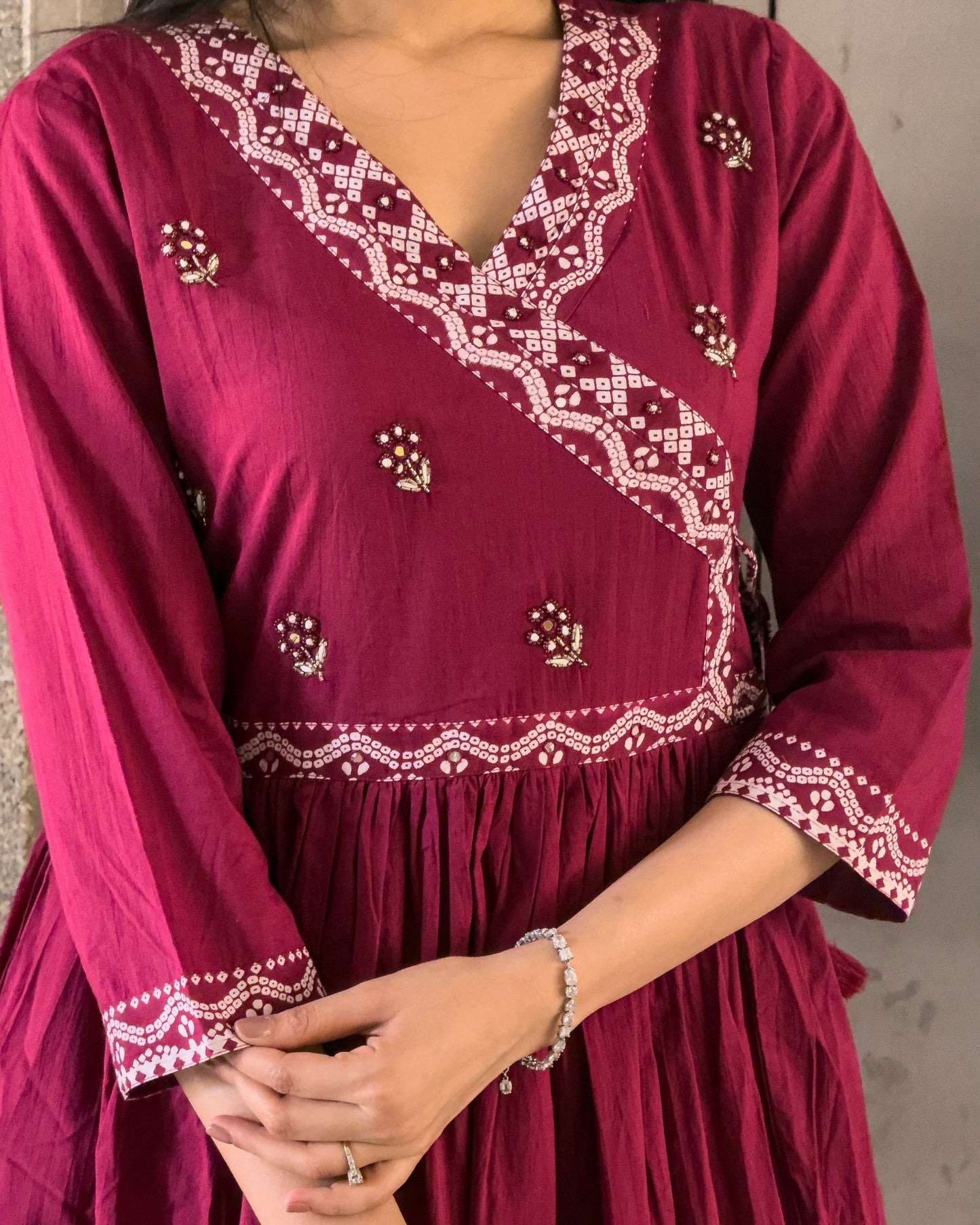 Wine Round Kurta Palazzo Set With Dupatta