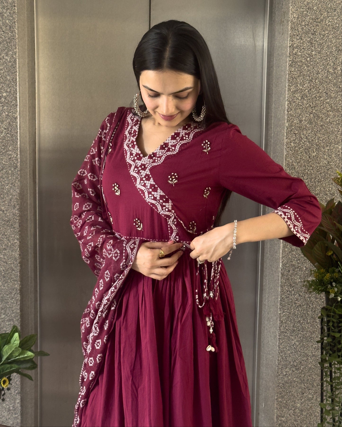 Wine Round Kurta Palazzo Set With Dupatta