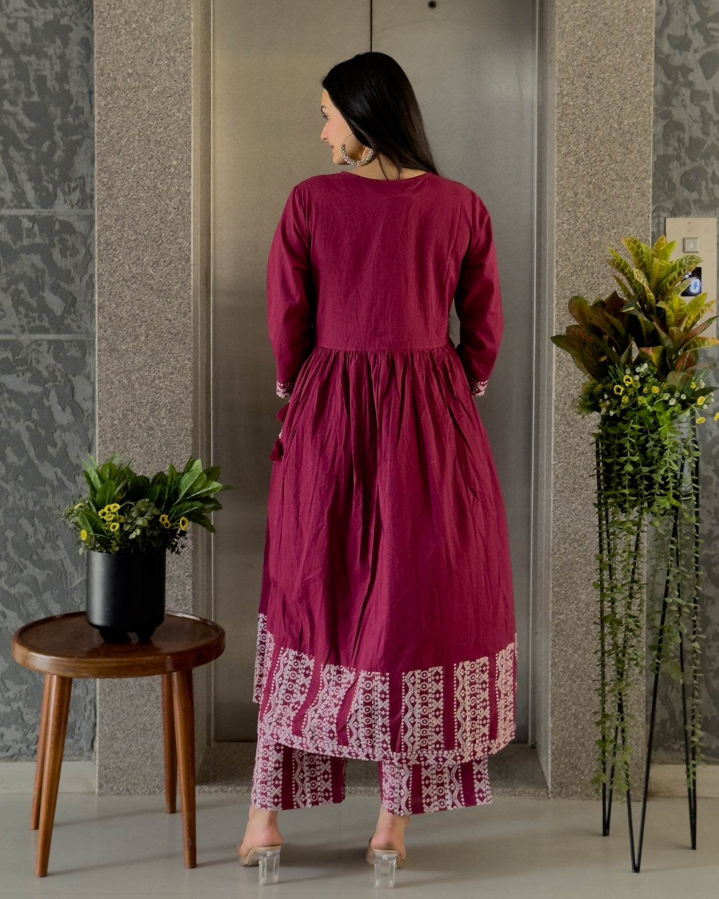 Wine Round Kurta Palazzo Set With Dupatta