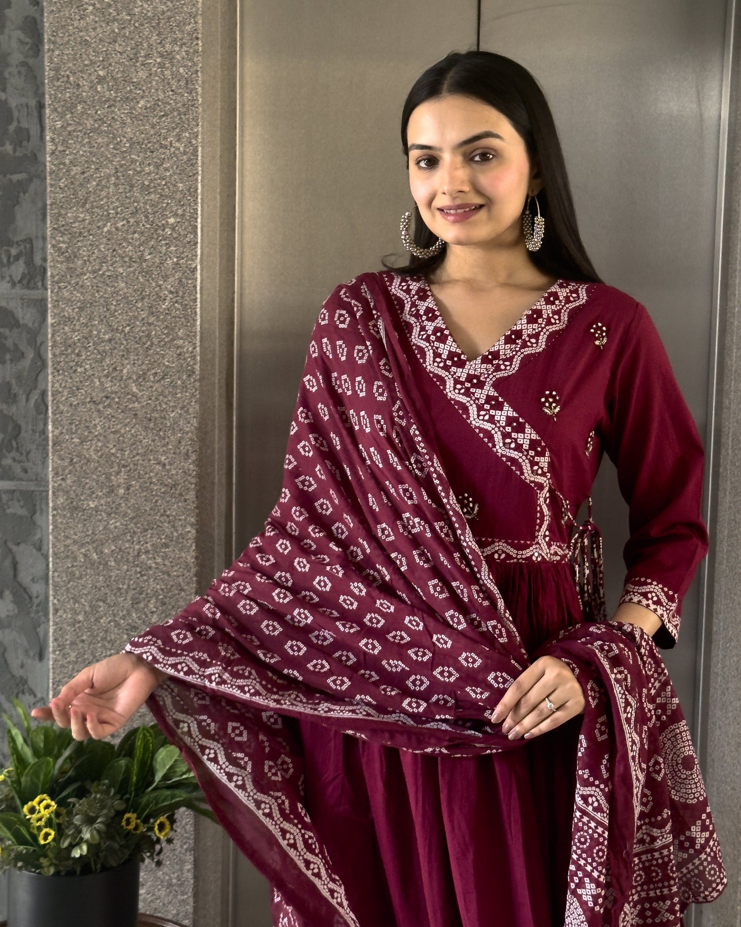 Wine Round Kurta Palazzo Set With Dupatta