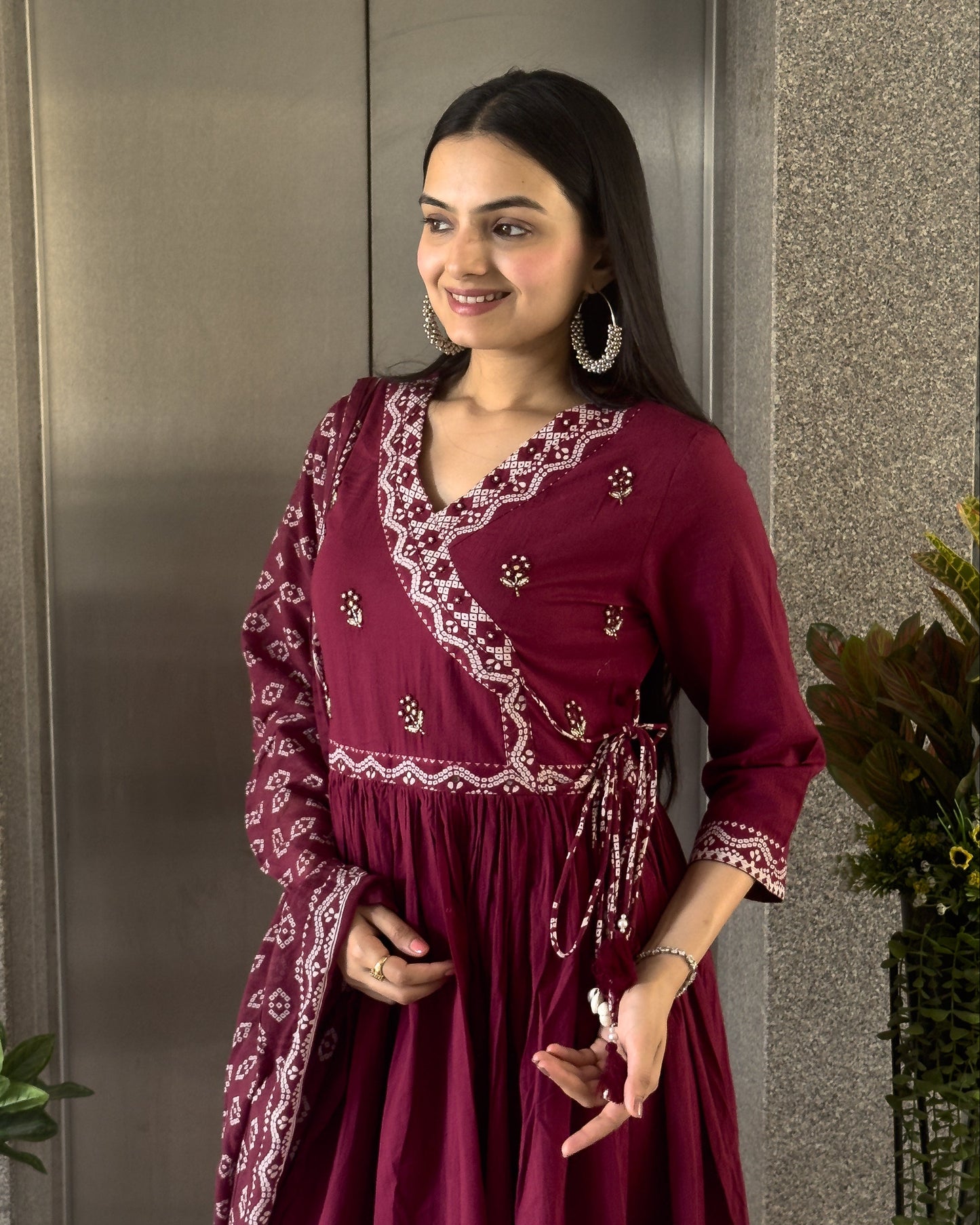 Wine Round Kurta Palazzo Set With Dupatta