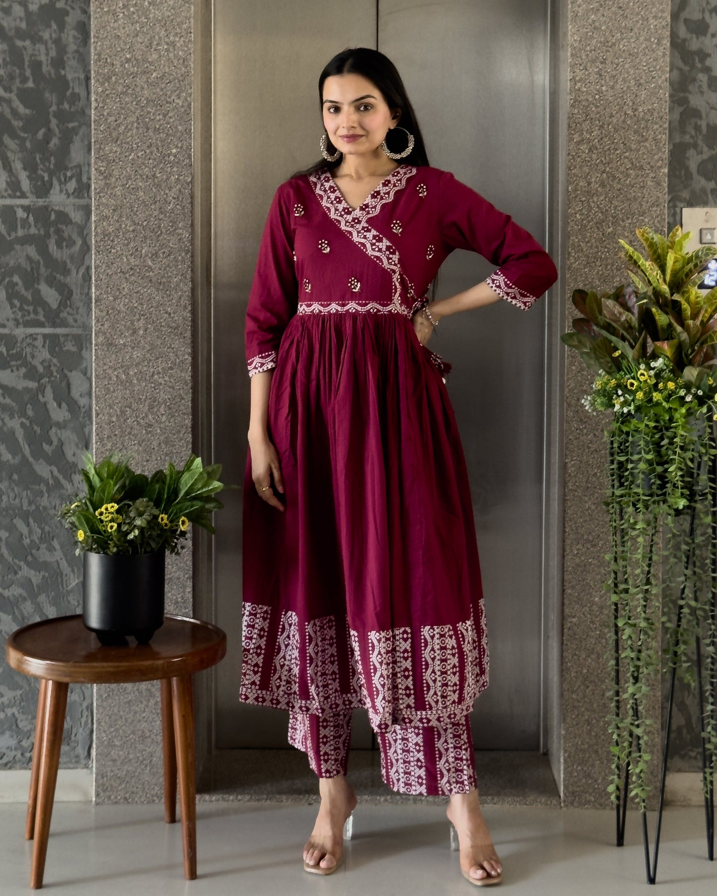 Wine Round Kurta Palazzo Set With Dupatta