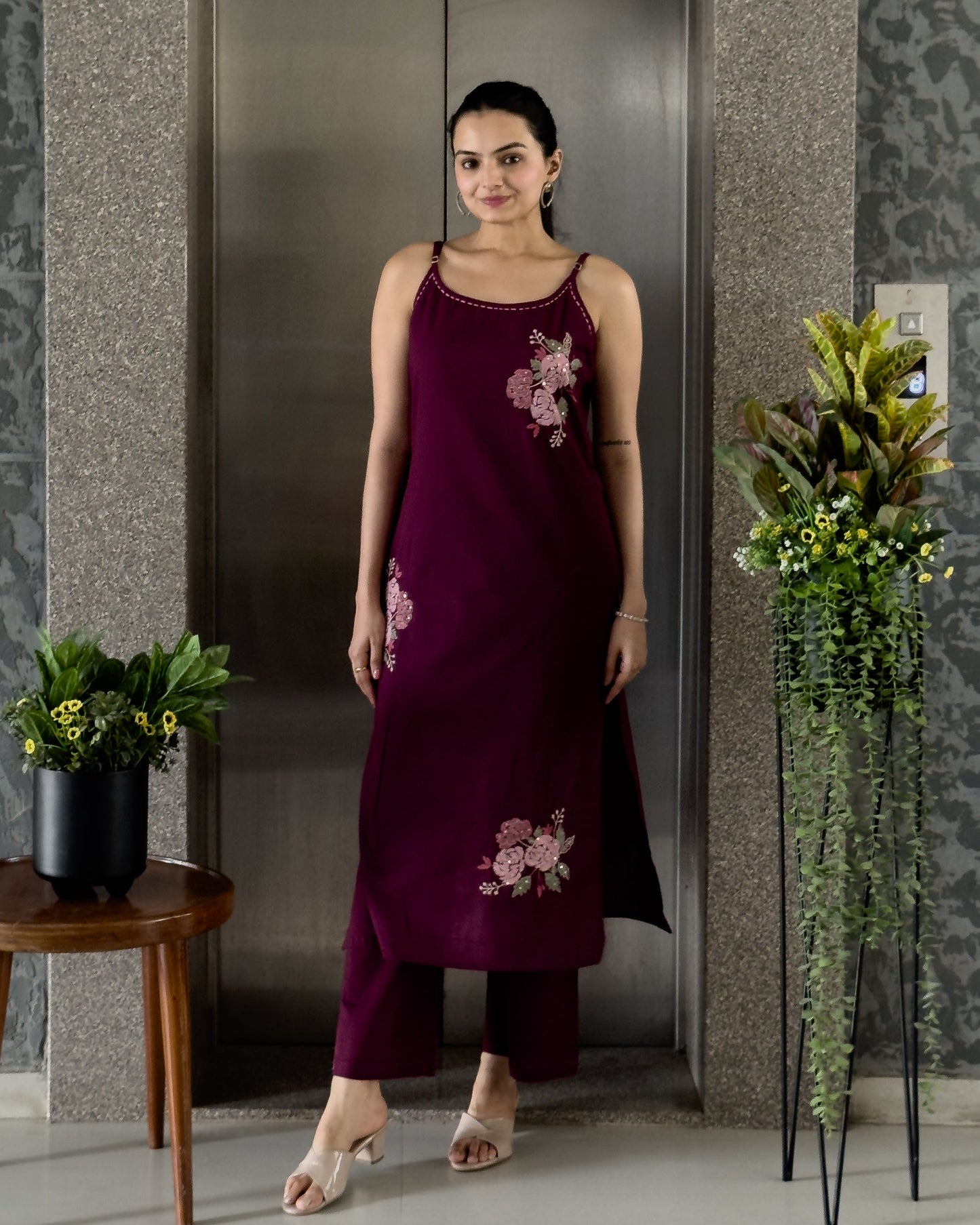 Wine Spaghetti Kurta Pant Set for Girls