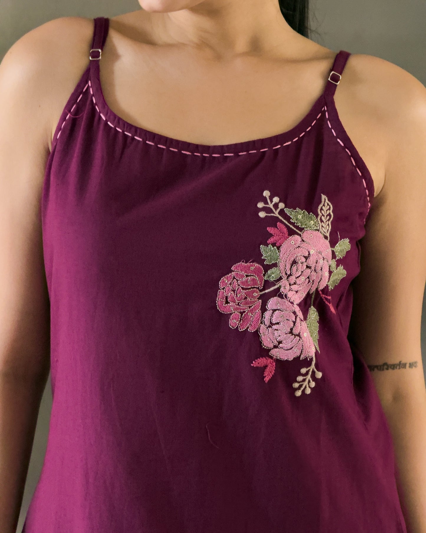 Wine Spaghetti Kurta Pant Set for Girls