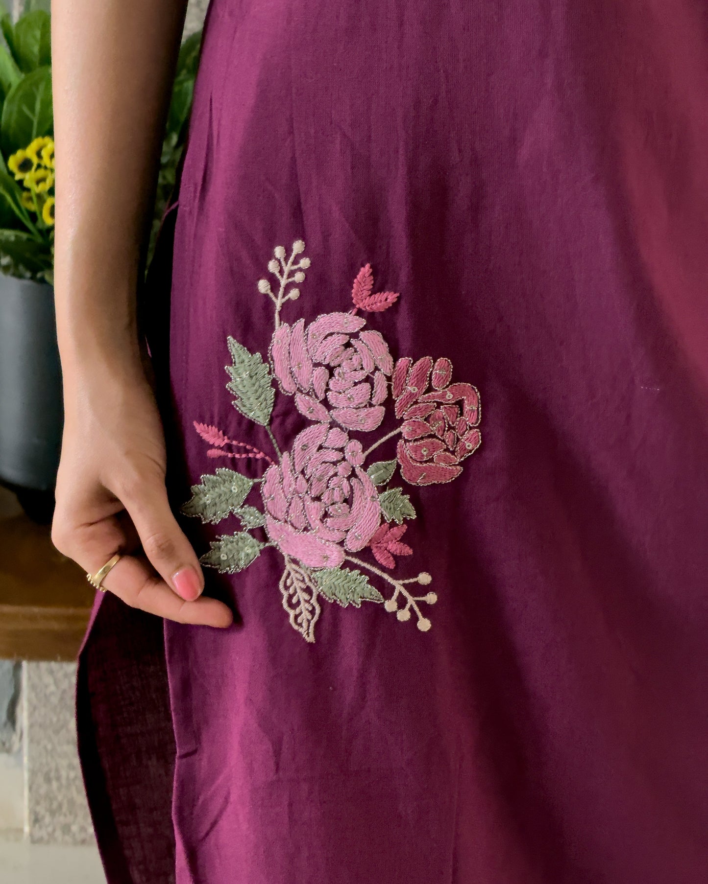Wine Spaghetti Kurta Pant Set for Girls