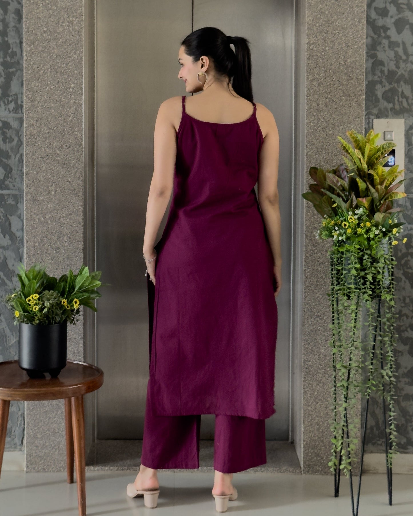 Wine Spaghetti Kurta Pant Set for Girls
