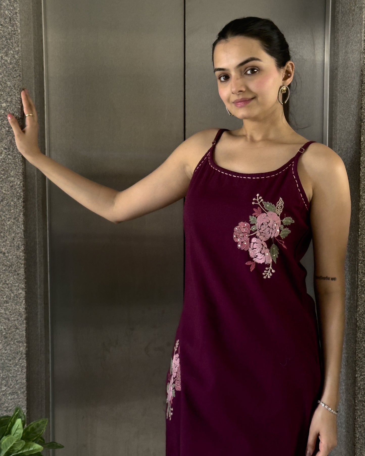 Wine Spaghetti Kurta Pant Set for Girls