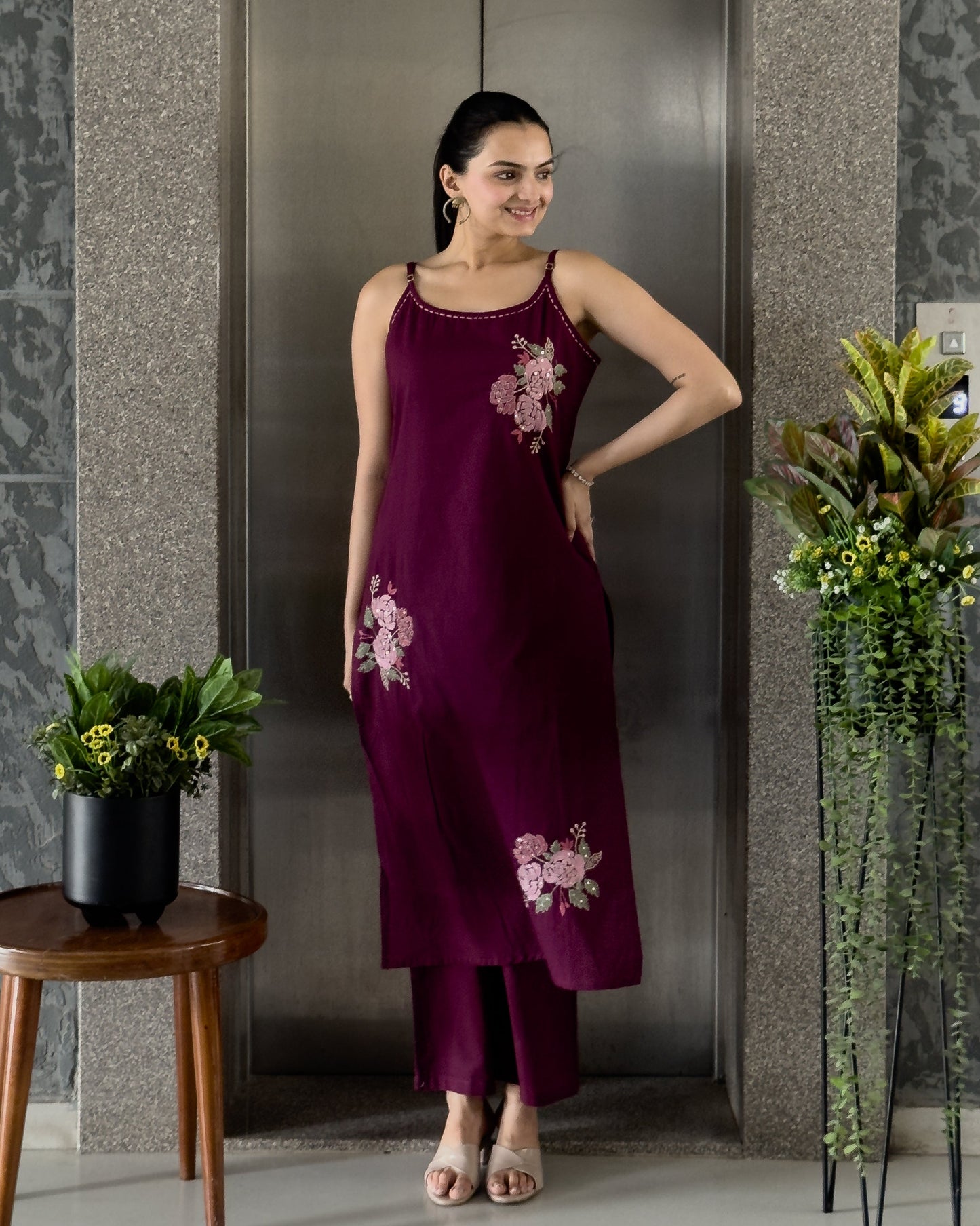Wine Spaghetti Kurta Pant Set for Girls