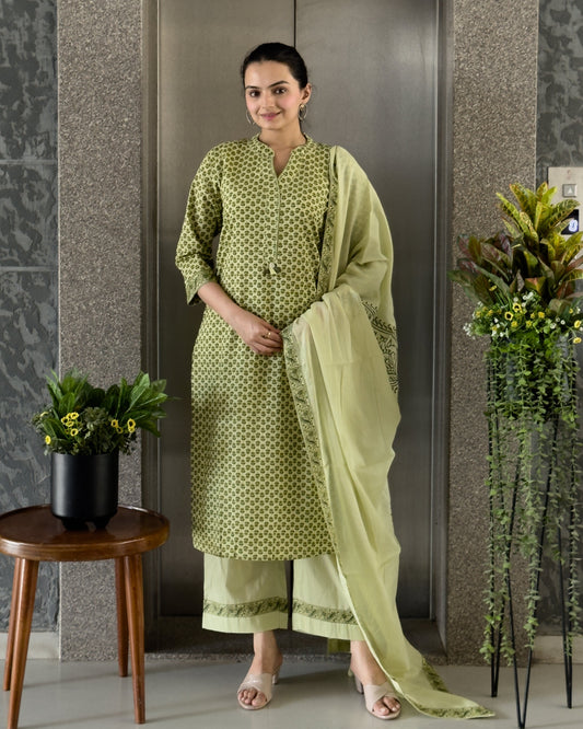 Pista Straight Kurta Palazzo Set With Dupatta