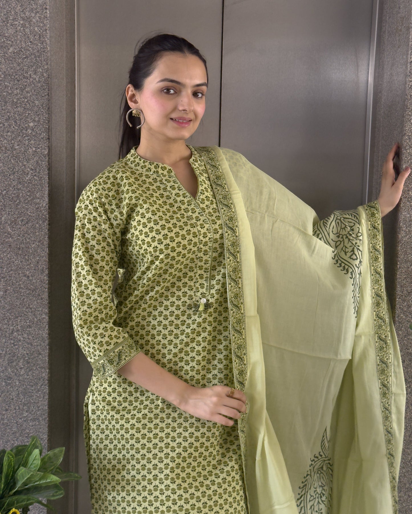Pista Straight Kurta Palazzo Set With Dupatta