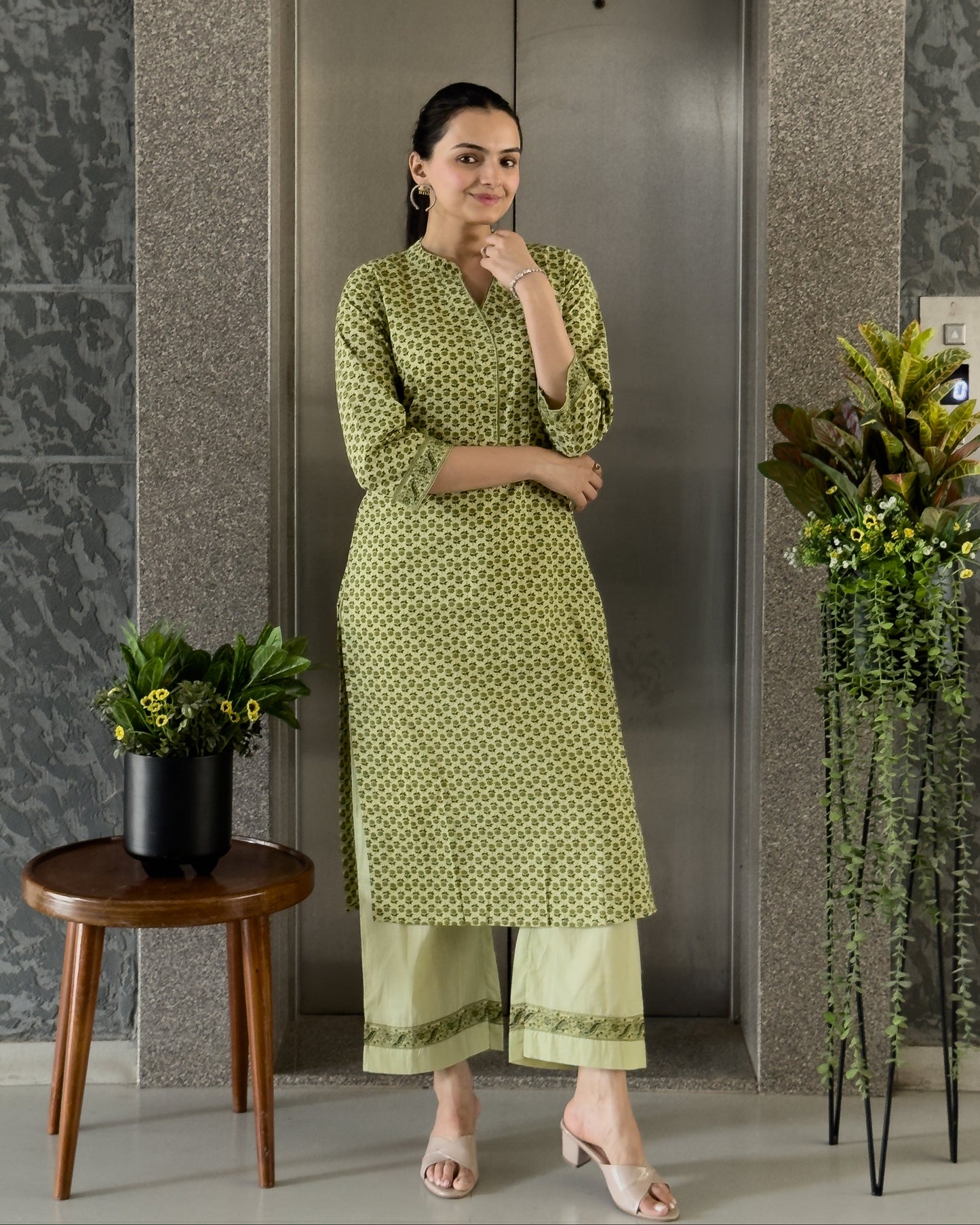 Pista Straight Kurta Palazzo Set With Dupatta