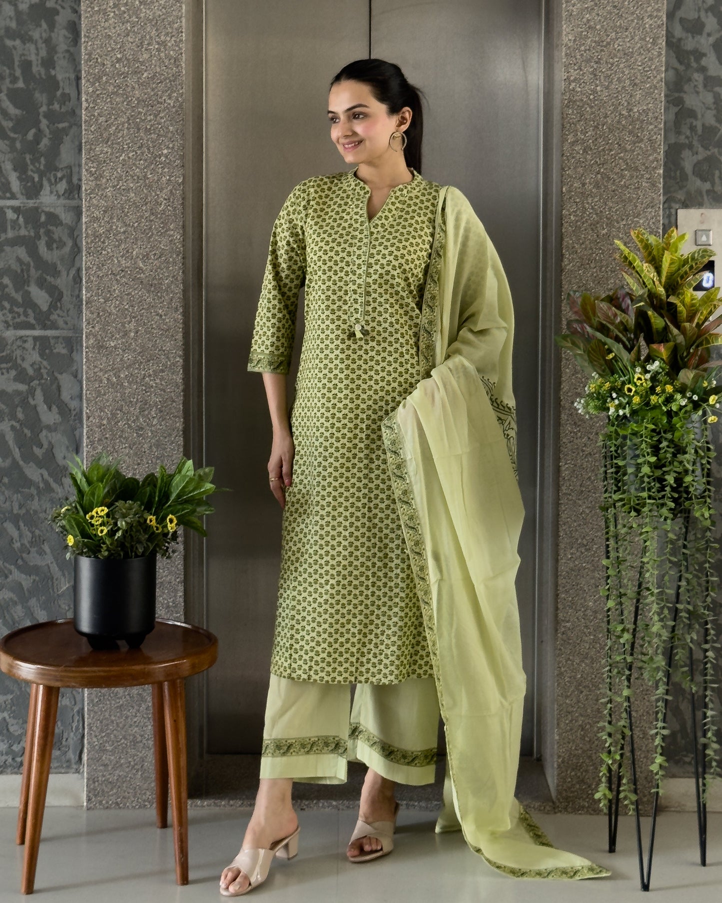 Pista Straight Kurta Palazzo Set With Dupatta