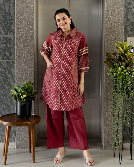 Red Cotton Co ord Set for Women