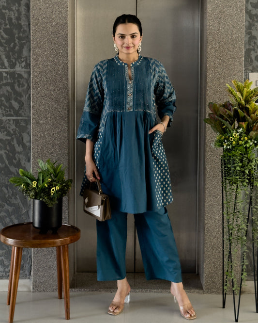 Teal Blue Cotton Co ord Set for GIrls