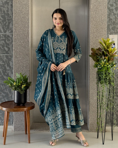 Teal Blue Anarkali Kurta Pant with Dupatta Set