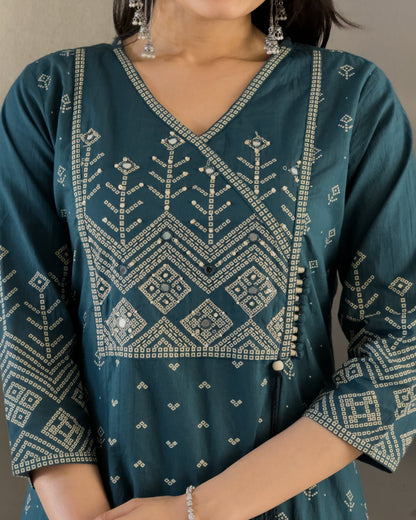 Teal Blue Anarkali Kurta Pant with Dupatta Set