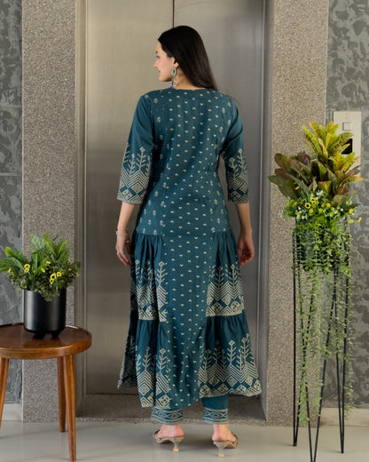 Teal Blue Anarkali Kurta Pant with Dupatta Set
