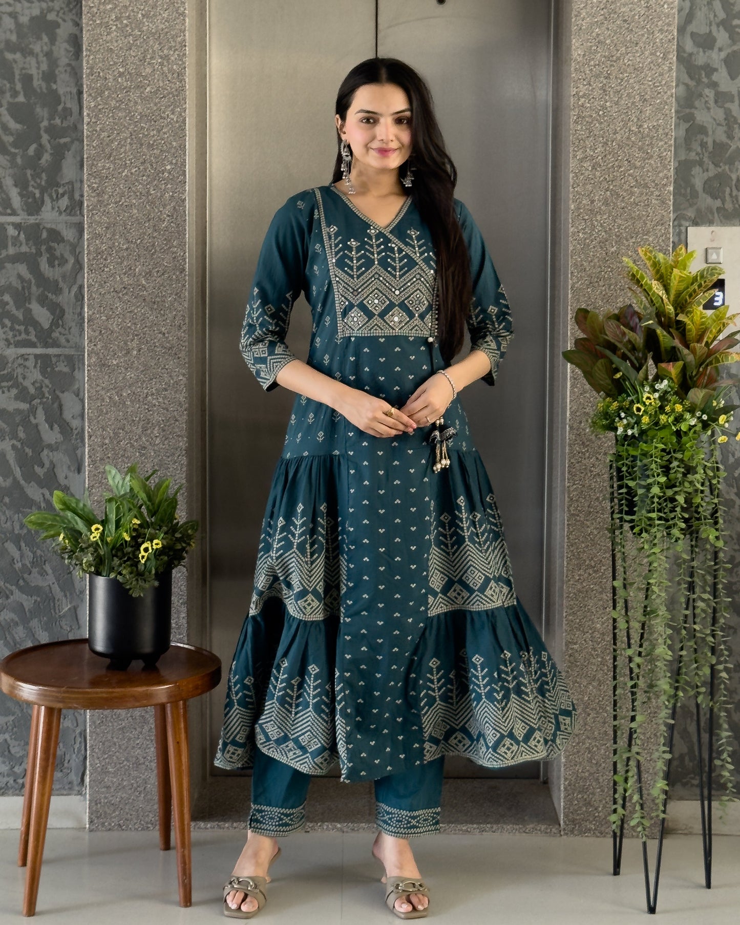 Teal Blue Anarkali Kurta Pant with Dupatta Set